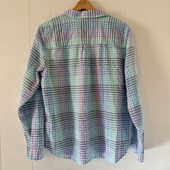 LL Bean Vacationland Seersucker Pastel Gingham Plaid Button Up Shirt Size Large - Picture 3 of 13